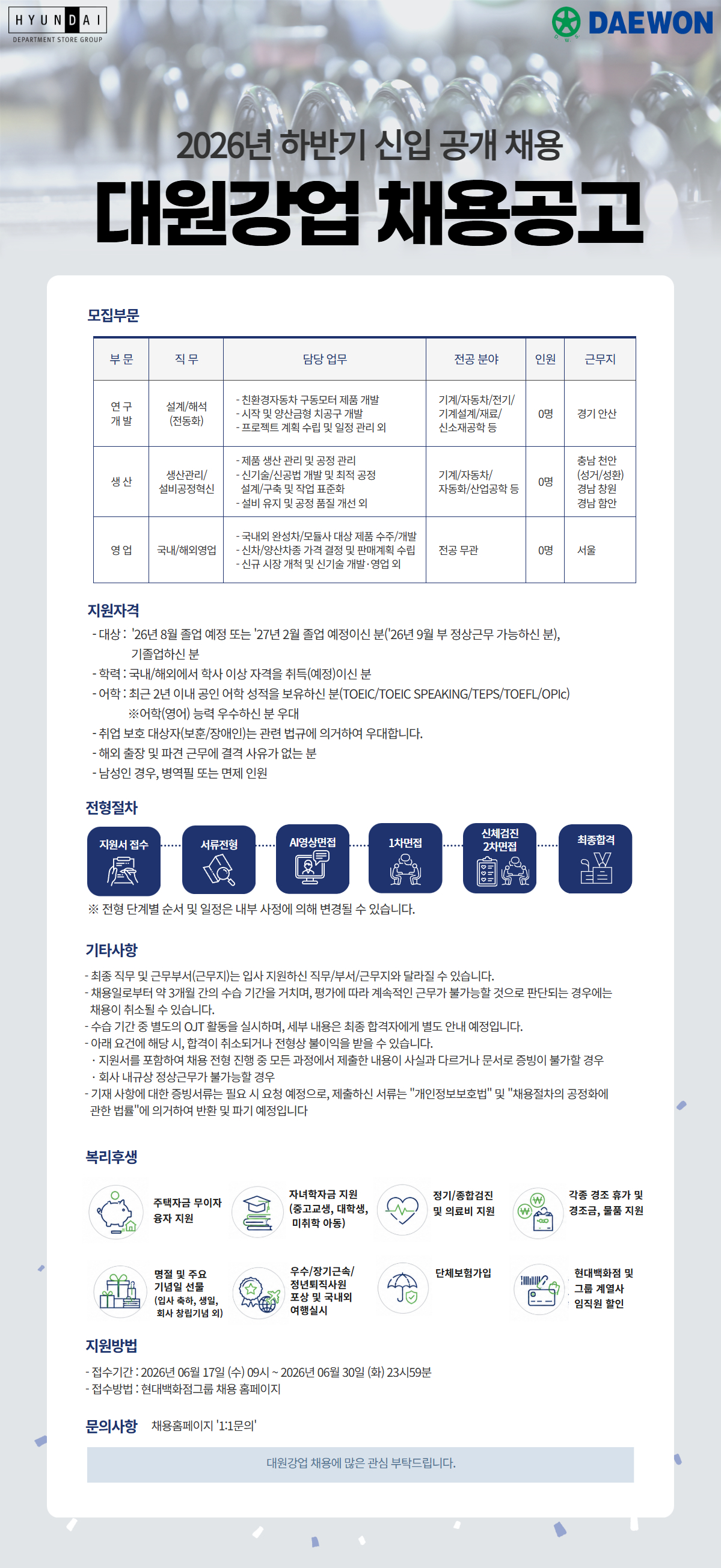 2026년 하반기 신입 공개 채용
대원강업 채용공고 모집부문
부 문	직 무	담당 업무	전공 분야	인원	근무지
연 구개 발 설계/해석전동화) -  친환경자동차 구동모터 제품 개발 - 시작 및 양산금형 치공구 개발 - 프로젝트 계획 수립 및 일정 관리 외 
-기계/자동차/전기/기계설계/재료/신소재공학 등 
0명	경기 안산 
생 산 생산관리/설비공정혁신 ;- 제품 생산 관리 및 공정 관리 - 신기술/신공법 개발 및 최적 공정 - 설계/구축 및 작업 표준화 - 설비 유지 및 공정 품질 개선 외 
- 기계/자동차/자동화/산업공학 등  0명 충남 천안(성거/성환)/경남 창원/경남 함안 
영 업	국내/해외영업	- 국내외 완성차/모듈사 대상 제품 수주/개발 - 신차/양산차종 가격 결정 및 판매계획 수립 - 신규 시장 개척 및 신기술 개발·영업 외  전공 무관	0명	서울

지원 자격
- 대상 : ' 26년 8월 졸업 예정 또는 '27년 2월 졸업 예정이신 분('26년 9월 부 정상근무 가능하신 분), 
              기 졸업하신 분
- 학력 : 국내/해외에서 학사 이상 자격을 취득(예정)이신 분
- 어학 : 최근 2년 이내 공인 어학 성적을 보유하신 분(TOEIC/TOEIC SPEAKING/TEPS/TOEFL/OPIc)
     ※어학(영어) 능력 우수하신 분 우대 
- 취업 보호 대상자(보훈/장애인)는 관련 법규에 의거하여 우대합니다.
- 해외 출장 및 파견 근무에 결격 사유가 없는 분
- 남성인 경우, 병역필 또는 면제 인원

전형절차
지원서 접수, 서류전형, AI영상면접, 1차면접, 신체검진/2차몀ㄴ접, 최종합격
※ 전형 단계별 순서 및 일정은 내부 사정에 의해 변경될 수 있습니다.

기타사항
- 최종 직무 및 근무부서(근무지)는 입사 지원하신 직무/부서/근무지와 달라질 수 있습니다.
- 채용일로부터 약 3개월 간의 수습 기간을 거치며, 평가에 따라 계속적인 근무가 불가능할 것으로 판단되는 경우에는 
  채용이 취소될 수 있습니다.
- 수습 기간 중 별도의 OJT 활동을 실시하며, 세부 내용은 최종 합격자에게 별도 안내 예정입니다.
- 아래 요건에 해당 시, 합격이 취소되거나 전형상 불이익을 받을 수 있습니다.
   · 지원서를 포함하여 채용 전형 진행 중 모든 과정에서 제출한 내용이 사실과 다르거나 문서로 증빙이 불가할 경우
   · 회사 내규상 정상근무가 불가능할 경우
- 기재 사항에 대한 증빙서류는 필요 시 요청 예정으로, 제출하신 서류는 "개인정보보호법" 및 "채용절차의 공정화에 
  관한 법률"에 의거하여 반환 및 파기 예정입니다

복리후생
주택자금 무이자 융자 지원, 자녀학자금 지원 (중고교생, 대학생, 미취학 아동). 정기/종합검진 및 의료비 지원
각종 경조 휴가 및 경조금, 물품 지원, 명절 및 주요 기념일 선물 (입사 축하, 생일, 회사 창립기념 외), 우수/장기근속/정년퇴직사원 포상 및 국내외 여행실시
단체보험가입. 현대백화점 및 그룹 계열사 임직원 할인

지원방법
- 접수기간 : 2026년 06월 17일 (수) 09시 ~ 2026년 06월 30일 (화) 23시59분
- 접수방법 : 현대백화점그룹 채용 홈페이지 

대원강업 채용에 많은 관심 부탁드립니다.
